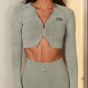 bo+tee Adjust Seamless Acid Wash Zip Crop Top In Sage